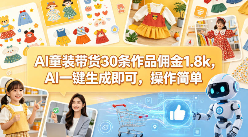AI童装带货30条作品佣金1.8k，AI一键生成即可，操作简单-川川创富网