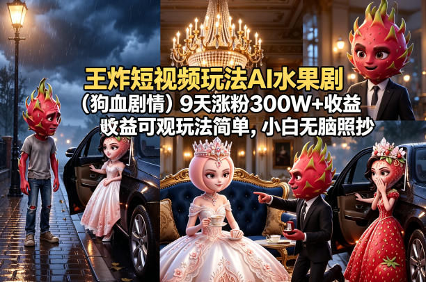 王炸短视频玩法AI水果剧(狗血剧情)9天涨粉300W+收益可观玩法简单，小白无脑照抄，详细拆解玩法-川川创富网
