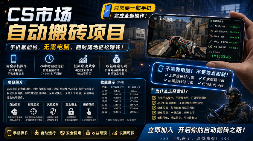 手机即可操作的CS市场自动搬砖系统｜自动监控｜自动下单|日入300+【揭秘】-川川创富网