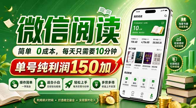最新微信阅读，每日10分钟，单号利润150+，可批量放大操作，简单0成本-川川创富网