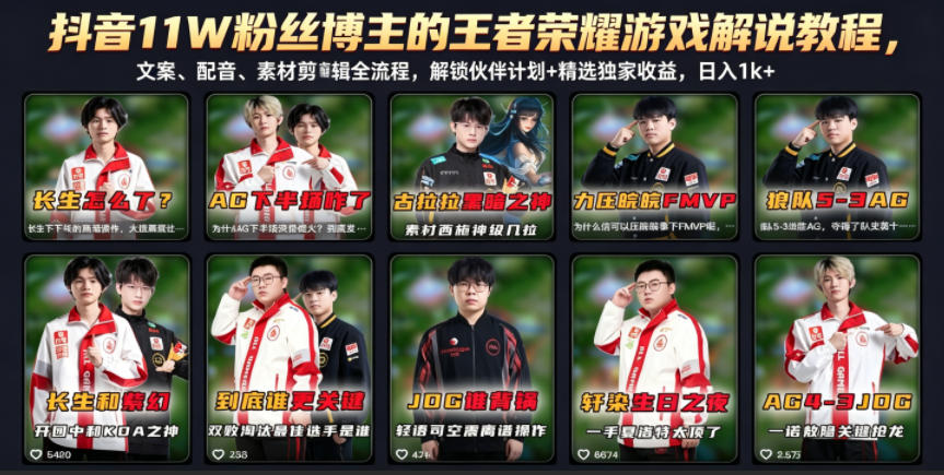 抖音11W粉丝博主的王者荣耀游戏解说教程，文案、配音、素材剪辑全流程，解锁伙伴计划+精选独家收益，日入1k+-川川创富网