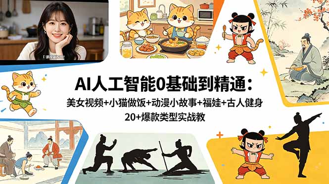 AI人工智能0基础到精通：美女视频+小猫做饭+动漫小故事+福娃+古人健身，20+爆款类型实战教学-川川创富网
