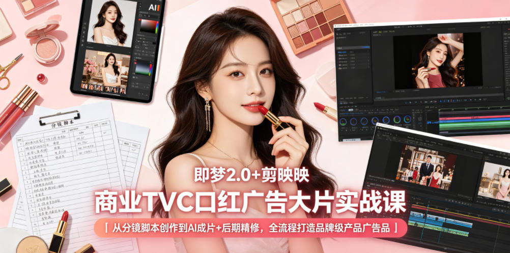 即梦2.0+剪映商业TVC口红广告大片实战课｜从分镜脚本创作到AI成片+后期精修，全流程打造品牌级产品广告-川川创富网