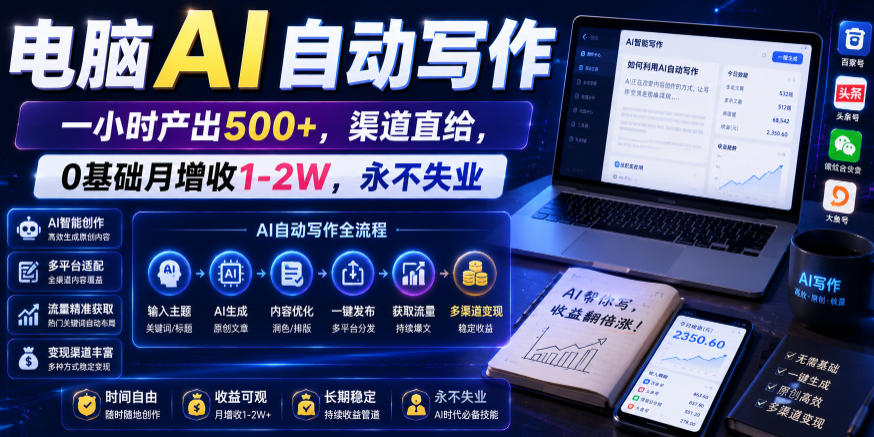 电脑AI自动写作，一小时产出500+，渠道直给，0基础月增收1-2W，永不失业【揭秘】-川川创富网