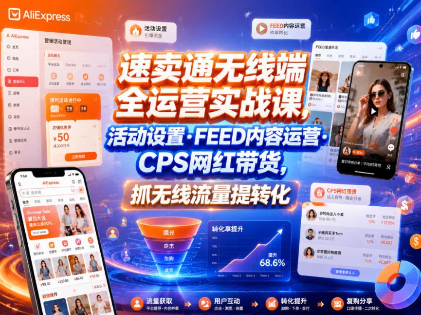 速卖通无线端全运营实战课，活动设置・FEED内容运营・CPS网红带货，抓无线流量提转化-川川创富网