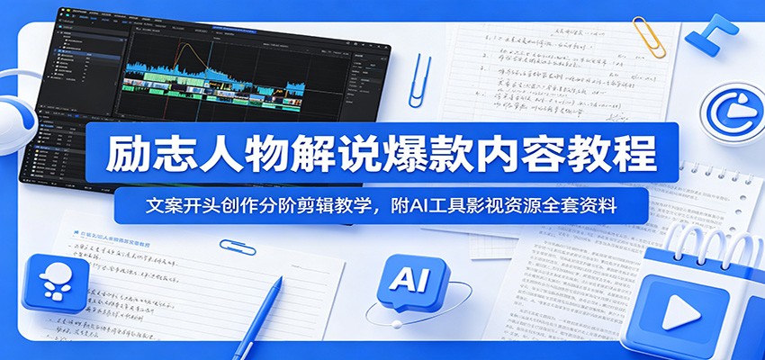 励志人物解说爆款内容教程：文案开头创作分阶剪辑教学，附AI 工具影视资源全套资料-川川创富网