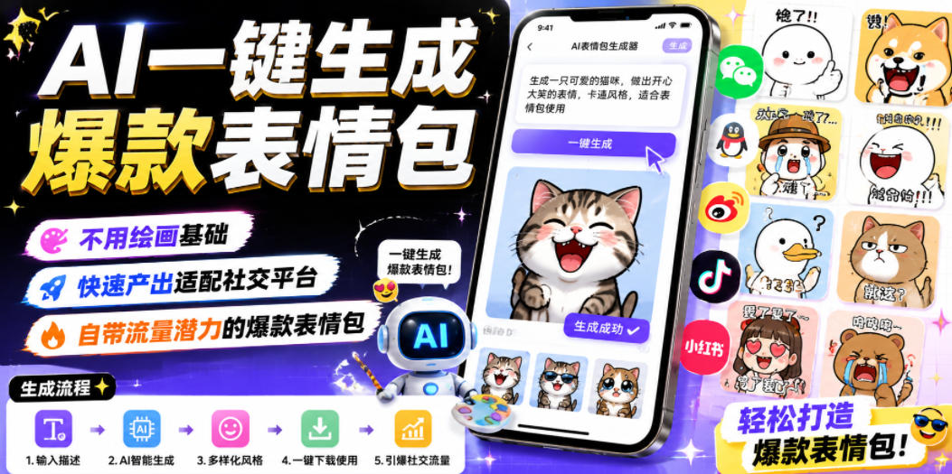 AI一键生成爆款表情包，不用绘画基础，快速产出适配社交平台，自带流量潜力的爆款表情包-川川创富网