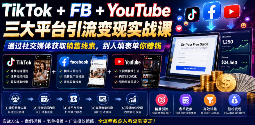 TikTok+FB+YouTube三大平台引流变现实战课，通过社交媒体获取销售线索，别人填表单你賺钱【原创双语字幕】-川川创富网