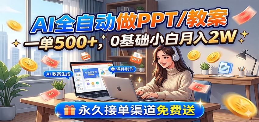 AI全自动做PPT/教案，一单500+，0基础小白月入2W，永久接单渠道免费送-川川创富网