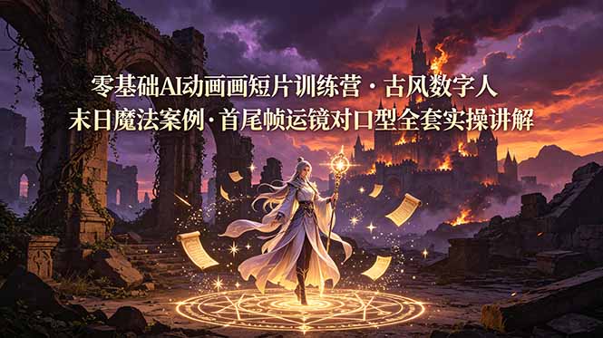 零基础AI动画短片训练营，古风数字人末日魔法案例，首尾帧运镜对口型全套实操讲解-川川创富网