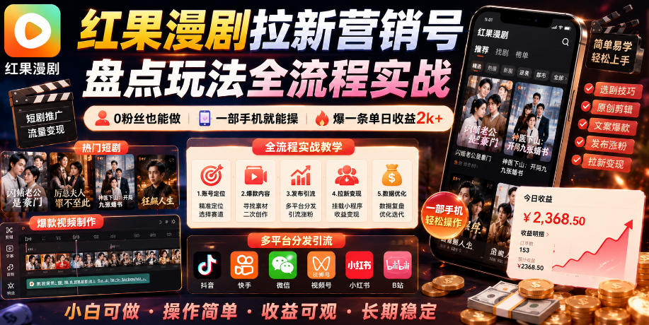 红果漫剧拉新营销号盘点玩法全流程实战，0粉丝也能做，一部手机就能做，爆一条单日收益2k+(更新0628)-川川创富网