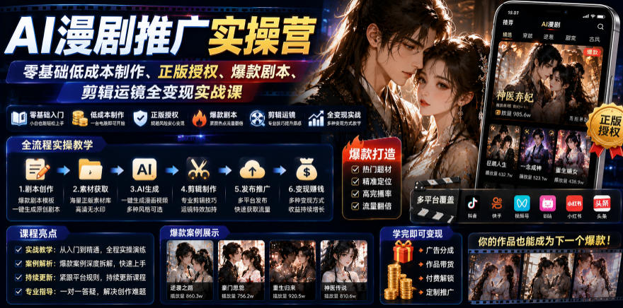 AI漫剧推广实操营｜零基础低成本制作、正版授权、爆款剧本、剪辑运镜全变现实战课-川川创富网