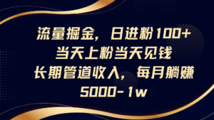 流量掘金，日进粉100+,当天上粉当天见钱，长期管道收入，每月躺赚5000-1w-川川创富网