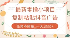 最新零撸小项目，复制粘贴抖音广告即可挣钱，平台大水，任务不限量，一天数张【揭秘】-川川创富网