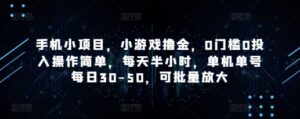 手机小项目，小游戏撸金，0门槛0投入操作简单，每天半小时，单机单号每日30-50，可批量放大-川川创富网