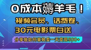 0成本薅羊毛!视频会员、话费卷、30元电影票白送，分享我如何靠转卖一天变现5张+【揭秘】-川川创富网