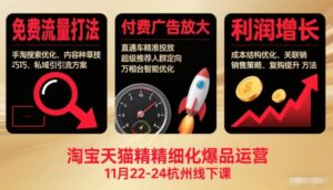 淘宝天猫精细化爆品运营11月22-24杭州线下课,免费流量打法+付费广告放大+利润增长(音频+文档)-川川创富网