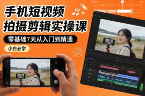 手机短视频拍摄剪辑实操课，零基础7天从入门到精通，小白必学-川川创富网