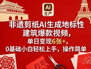 非遗剪纸AI生成地标性建筑爆款视频，单日变现6张+，0基础小白轻松上手，操作简单-川川创富网