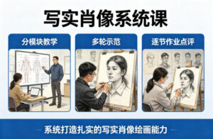 写实肖像系统课,全程分模块教学+多轮示范+逐节作业点评,系统打造扎实的写实肖像绘画能力-川川创富网