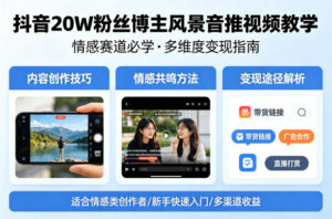 抖音20W粉丝博主风景音推视频教学，情感赛道必学，各种变现途径-川川创富网