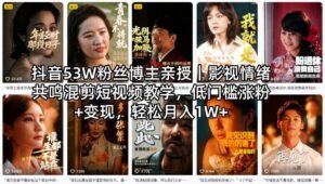 抖音53W粉丝博主亲授｜影视情绪共鸣混剪短视频教学，低门槛涨粉+变现，轻松月入1W+-川川创富网