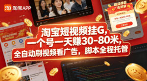 淘宝短视频挂G，一个号一天 賺30-80米，全自动刷视频看广告，脚本全程托管【揭秘】-川川创富网