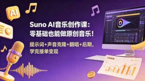 Suno AI音乐创作课:零基础也能做原创音乐!提示词+声音克隆+翻唱+后期,学完接单变现-川川创富网